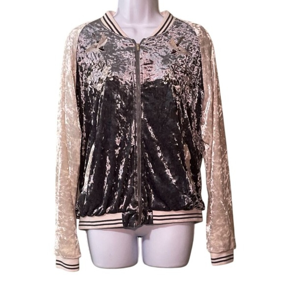 She + Sky Embroidered Floral Hummingbird Crushed Velvet Gray‎ Cream Jacket M